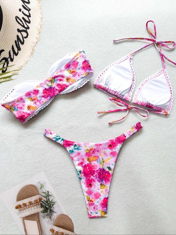 Three-piece Set Women's Floral Print Bikini Set, Boho Scallop Trim Bandeau Swim Top & Tie Back Swim Bra & Swim Thong, Summer Swimwear Set for Women