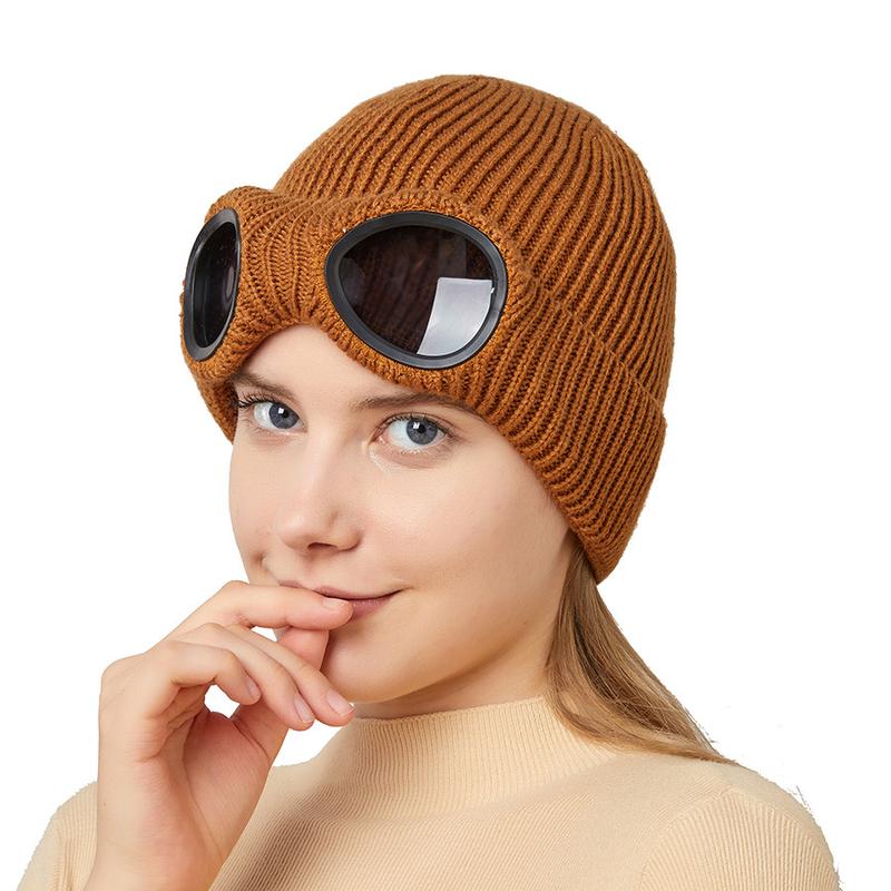 Winter Beanie Hat with Goggles, Unisex - Unisex Solid Color Knitted Hat, Ski, Outdoor Sports Hat, Warm Windproof Hat，（Hat circumference：55-59cm） Bluetooth Rechargeable