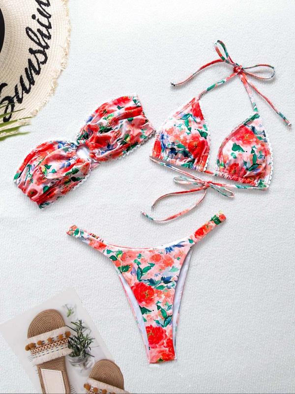 Three-piece Set Women's Floral Print Bikini Set, Boho Scallop Trim Bandeau Swim Top & Tie Back Swim Bra & Swim Thong, Summer Swimwear Set for Women