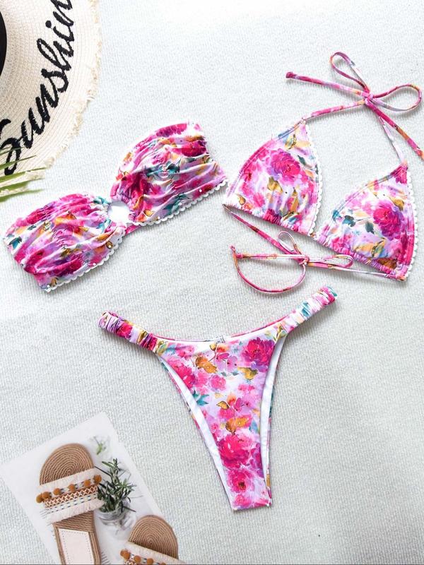 Three-piece Set Women's Floral Print Bikini Set, Boho Scallop Trim Bandeau Swim Top & Tie Back Swim Bra & Swim Thong, Summer Swimwear Set for Women