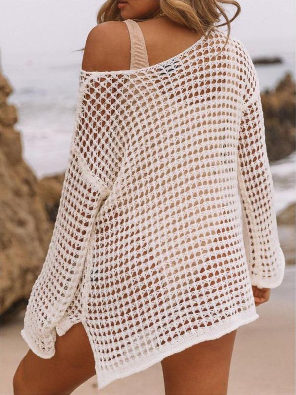 Women's Solid Hollow Out Split Hem Cover Up, Casual Drop Shoulder Long Sleeve Scoop Neck Cover Up, Ladies Summer Swimwear for Beach Holiday Vacation