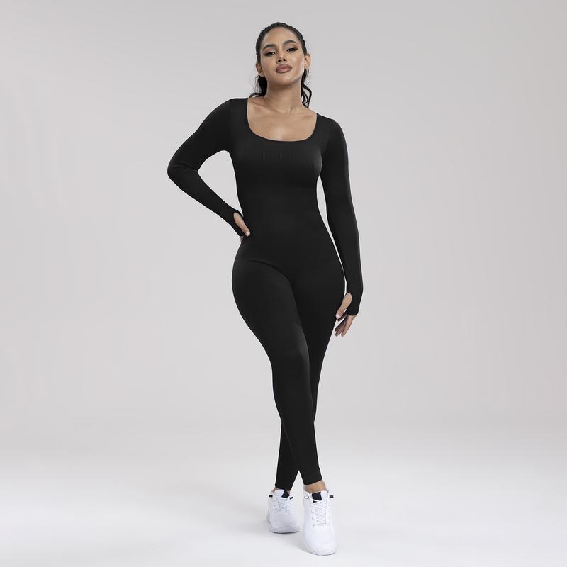 Arsoxy Women Yoga Jumpsuits Workout Ribbed Bodysuit Square Neck Bodycon Long Sleeve Sport Jumpsuit