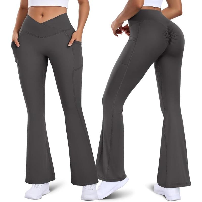 Women Flare Leggings Scrunch Butt with Pockets V Crossover Workout Gym Yoga Pants Lifting Bell Bottom Leggings