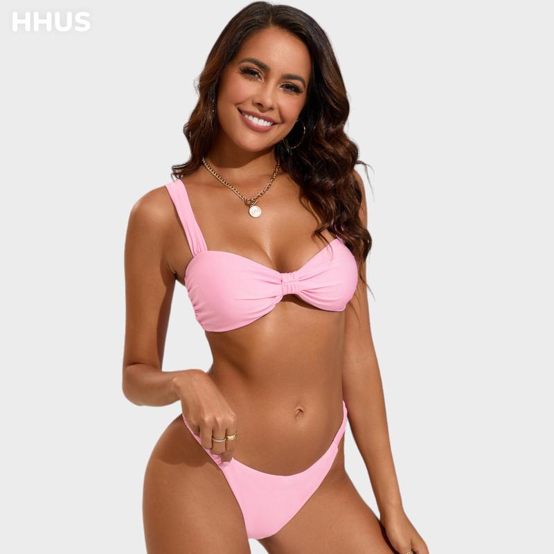 Bow Gathering Swimsuit Set Wide Straps & Low Rise Bra & High Waisted Triangles Wide Straps Ruched Details Super Stretchy Fabric Pink Bikini Set Summer Beachwear 2024 New #TikTokShopBlackFriday #TikTokShopCyberMonday