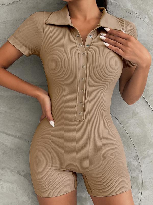 Women's Solid Short Sleeve Button Front Sports Romper, Sporty Collared Bodycon Jumpsuit for Yoga Gym Workout Running, Gym Clothes, Ladies Summer Clothes, Summer Outfits 2024