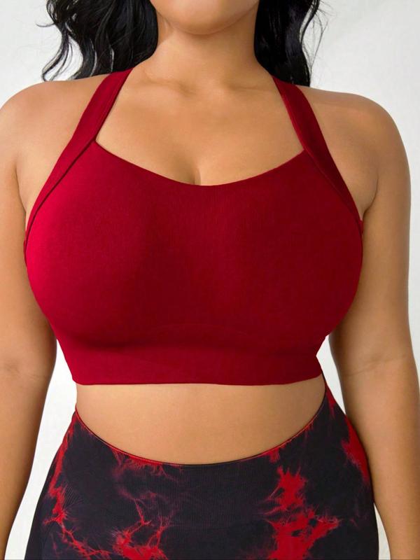 Plus Size Solid Criss Cross Backless Sports Bra With Hook & Eye, Breathable High Stretch Sports Bra, Women's Sport & Outdoor Clothing for Indoor Outdoor Wear