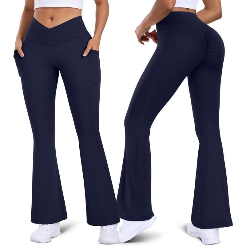 Women Flare Leggings Scrunch Butt with Pockets V Crossover Workout Gym Yoga Pants Lifting Bell Bottom Leggings