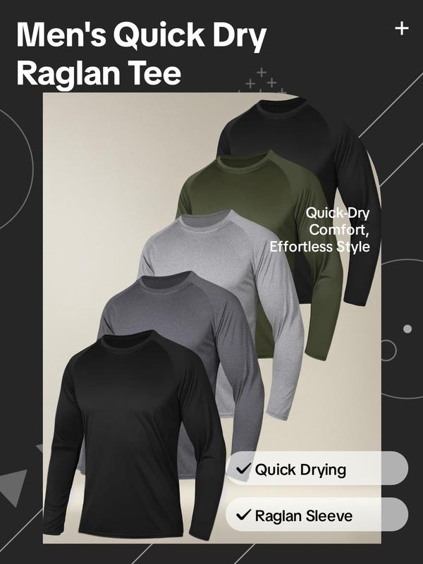 Men's Solid Raglan Sleeve Quick Drying Tee, Casual Regular Fit Long Sleeve Round Neck T-Shirt for Spring & Fall, Men's Top for Daily Wear