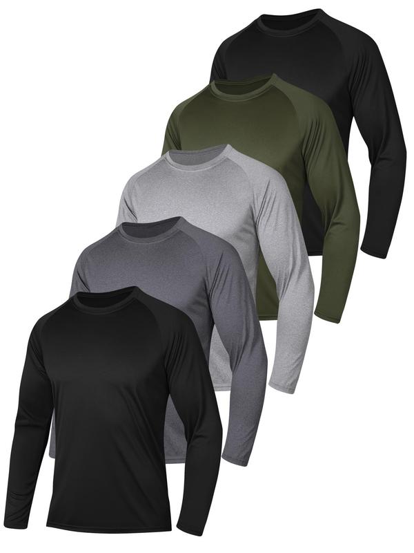 Men's Solid Raglan Sleeve Quick Drying Tee, Casual Regular Fit Long Sleeve Round Neck T-Shirt for Spring & Fall, Men's Top for Daily Wear