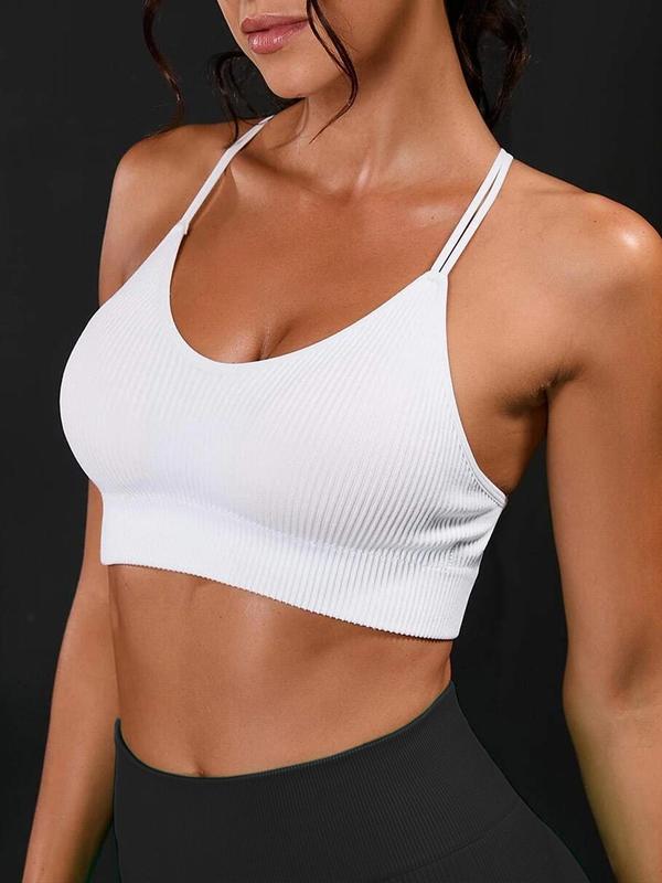 Women's Solid Criss Cross Seamless Sports Bra with Removable Chest Pad, Breathable Comfortable Push Up Bra, Ladies Sportswear for Indoor Outdoor Wear