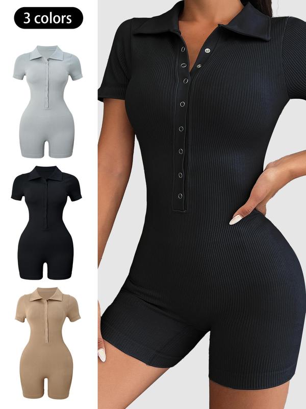 Women's Solid Short Sleeve Button Front Sports Romper, Sporty Collared Bodycon Jumpsuit for Yoga Gym Workout Running, Gym Clothes, Ladies Summer Clothes, Summer Outfits 2024