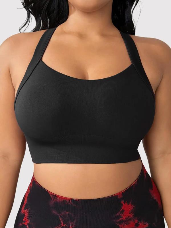 Plus Size Solid Criss Cross Backless Sports Bra With Hook & Eye, Breathable High Stretch Sports Bra, Women's Sport & Outdoor Clothing for Indoor Outdoor Wear