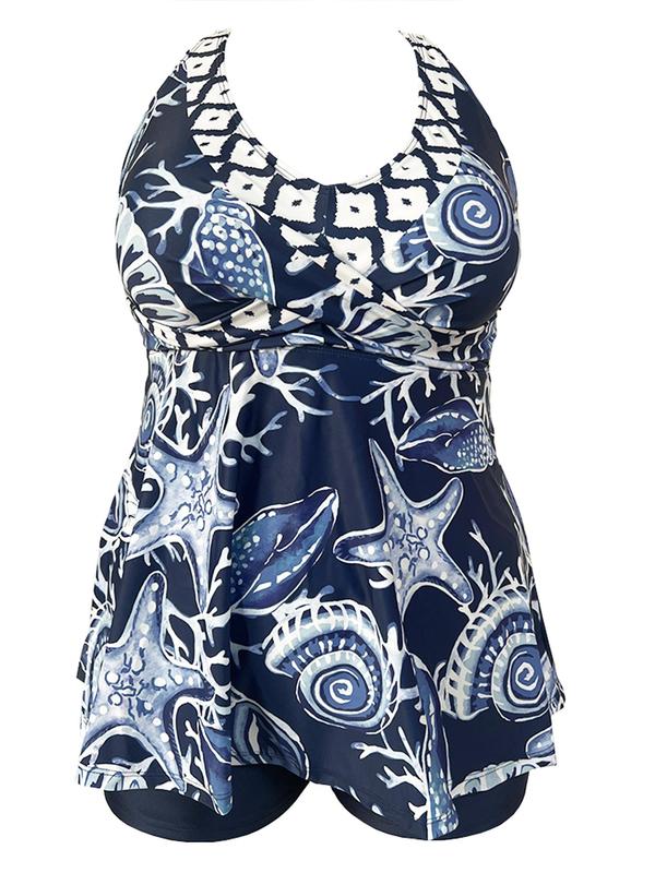 Plus Size Two-piece Set All Over Print Tankini Swimsuits Sets, Chic Criss Cross Scoop Neck Swim Top & Plain Swim Shorts, Tummy Control Swimwear for Summer