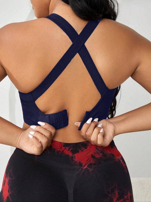 Plus Size Solid Criss Cross Backless Sports Bra With Hook & Eye, Breathable High Stretch Sports Bra, Women's Sport & Outdoor Clothing for Indoor Outdoor Wear