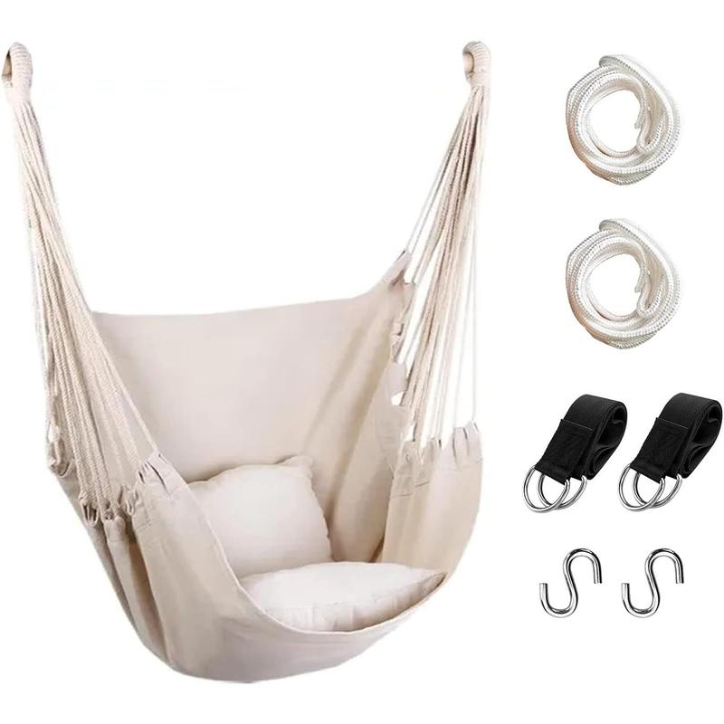 Hammock Chair Hanging Rope Swing, Max 300 Lbs Hanging Chair with Pocket & Durability  for Outdoor, Home, Bedroom, Patio, Yard (Pillows NOT Included,Beige)