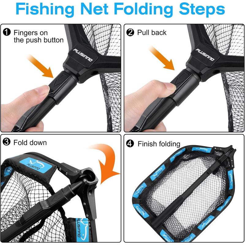 PLUSINN Floating Fishing Net for Steelhead, Salmon, Fly, Kayak, Catfish, Bass, Trout Fishing, Rubber Coated Landing Net for Easy Catch & Release, Compact & Foldable for Easy Transportation & Storage