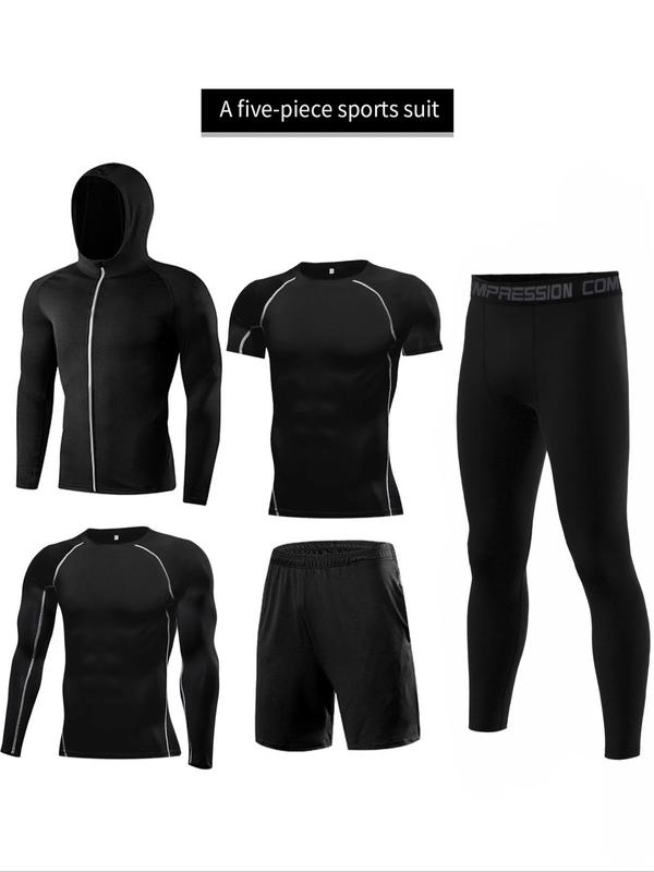 5 Counts Men's Solid Tracksuit Set, Sporty Zipper Hooded Jacket & Top & Short Sleeve Tee & Letter Tape Waist Leggings & Drawstring Shorts, Outfit Sets for Men, Jogging Suit Set, Casual Fall Outfits, Gym Clothes, Tracksuits for Men, Minimalistic Outfit