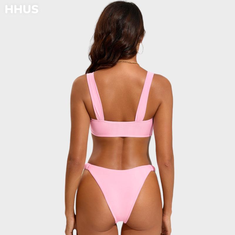 Bow Gathering Swimsuit Set Wide Straps & Low Rise Bra & High Waisted Triangles Wide Straps Ruched Details Super Stretchy Fabric Pink Bikini Set Summer Beachwear 2024 New #TikTokShopBlackFriday #TikTokShopCyberMonday