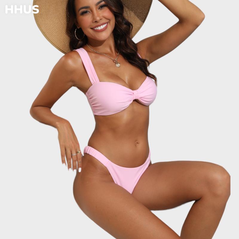 Bow Gathering Swimsuit Set Wide Straps & Low Rise Bra & High Waisted Triangles Wide Straps Ruched Details Super Stretchy Fabric Pink Bikini Set Summer Beachwear 2024 New #TikTokShopBlackFriday #TikTokShopCyberMonday