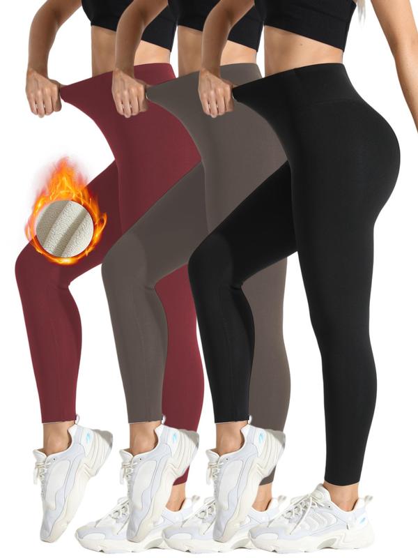 Women's Solid High Waist Thermal Lined Sports Leggings, Casual Comfy Breathable Skinny Pants for Yoga Gym Workout Running, Ladies Sportswear for Fall & Winter