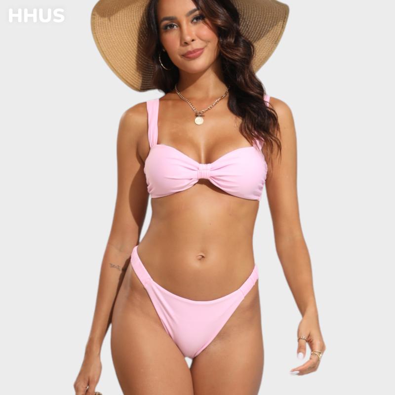 Bow Gathering Swimsuit Set Wide Straps & Low Rise Bra & High Waisted Triangles Wide Straps Ruched Details Super Stretchy Fabric Pink Bikini Set Summer Beachwear 2024 New #TikTokShopBlackFriday #TikTokShopCyberMonday