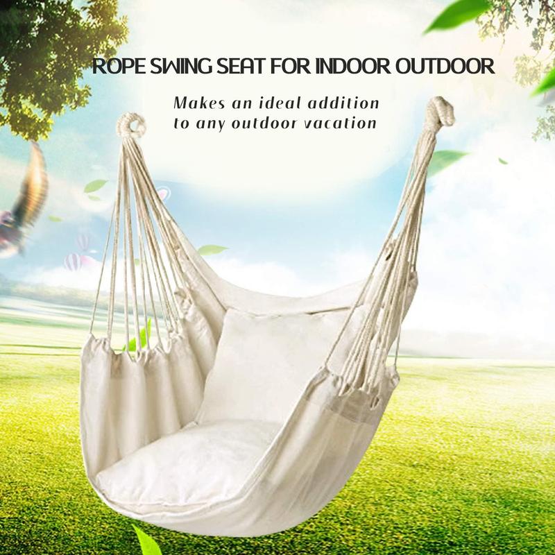 Hammock Chair Hanging Rope Swing, Max 300 Lbs Hanging Chair with Pocket & Durability  for Outdoor, Home, Bedroom, Patio, Yard (Pillows NOT Included,Beige)