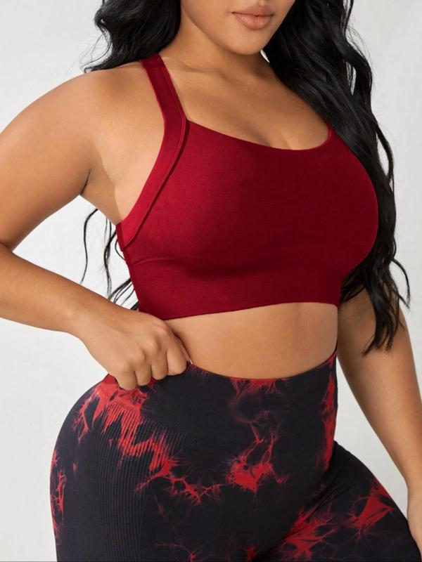 Plus Size Solid Criss Cross Backless Sports Bra With Hook & Eye, Breathable High Stretch Sports Bra, Women's Sport & Outdoor Clothing for Indoor Outdoor Wear