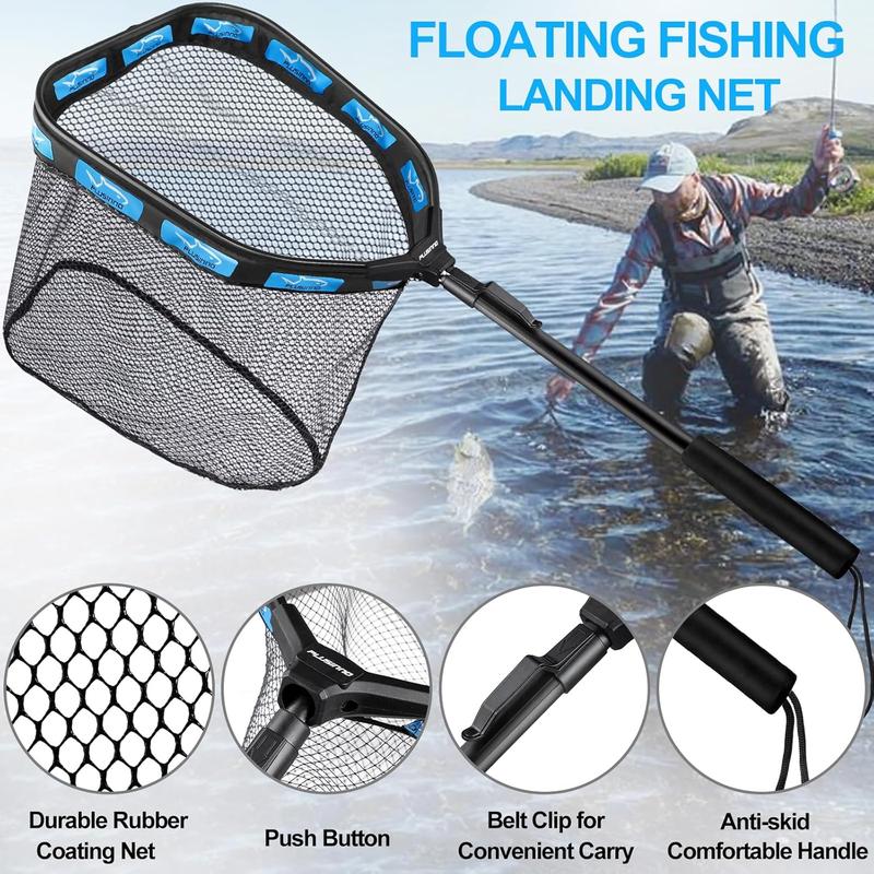 PLUSINN Floating Fishing Net for Steelhead, Salmon, Fly, Kayak, Catfish, Bass, Trout Fishing, Rubber Coated Landing Net for Easy Catch & Release, Compact & Foldable for Easy Transportation & Storage