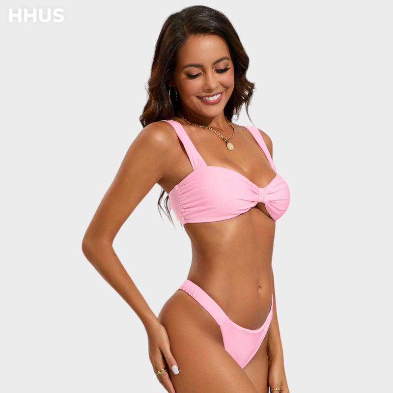 Bow Gathering Swimsuit Set Wide Straps & Low Rise Bra & High Waisted Triangles Wide Straps Ruched Details Super Stretchy Fabric Pink Bikini Set Summer Beachwear 2024 New #TikTokShopBlackFriday #TikTokShopCyberMonday