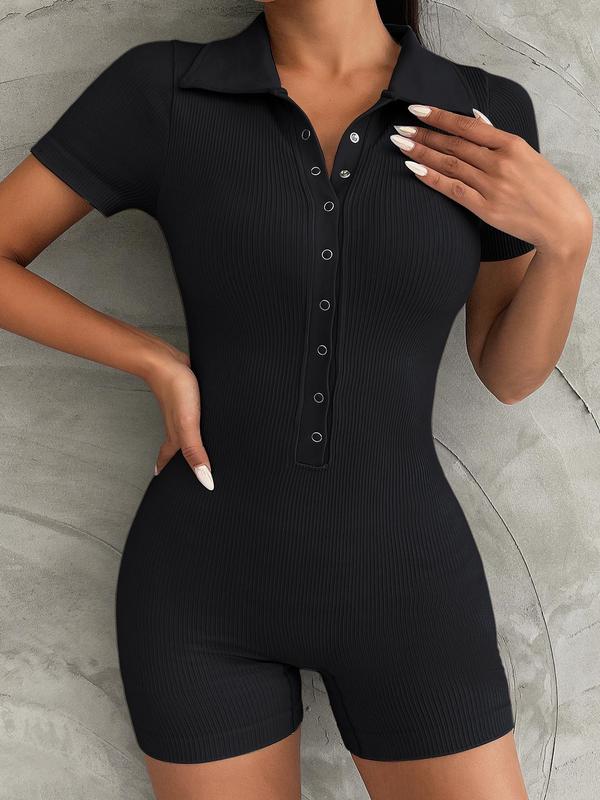 Women's Solid Short Sleeve Button Front Sports Romper, Sporty Collared Bodycon Jumpsuit for Yoga Gym Workout Running, Gym Clothes, Ladies Summer Clothes, Summer Outfits 2024