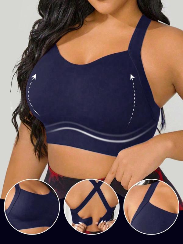 Plus Size Solid Criss Cross Backless Sports Bra With Hook & Eye, Breathable High Stretch Sports Bra, Women's Sport & Outdoor Clothing for Indoor Outdoor Wear