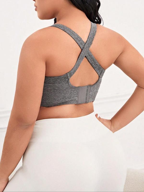 Plus Size Solid Criss Cross Backless Sports Bra With Hook & Eye, Breathable High Stretch Sports Bra, Women's Sport & Outdoor Clothing for Indoor Outdoor Wear