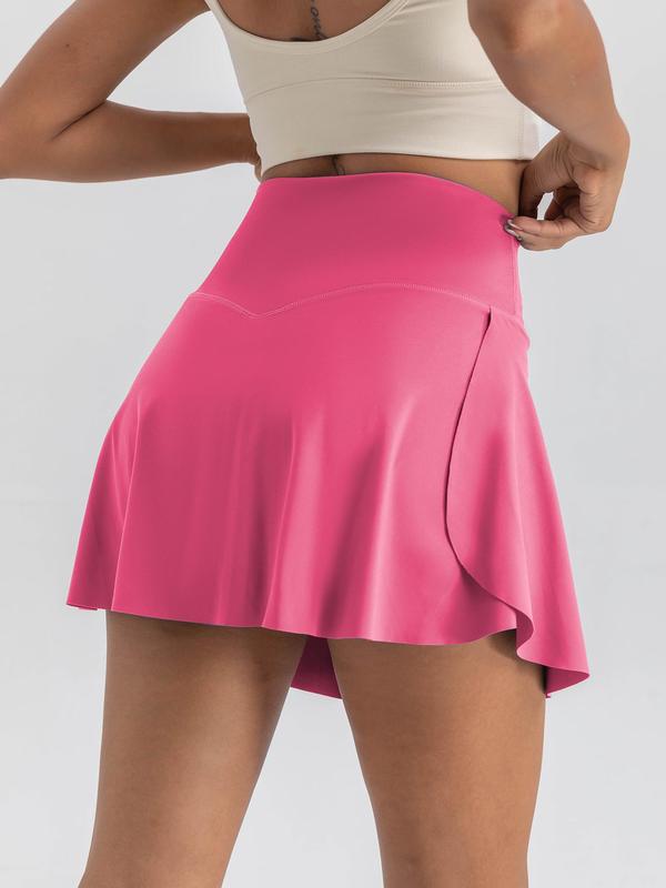 Women's Solid Pocket Wrap High Waist 2 IN 1 Sports Skort, Sporty High Stretch Skort for Tennis Golf Workout, Gym Shorts, Ladies Sportswear for All Seasons