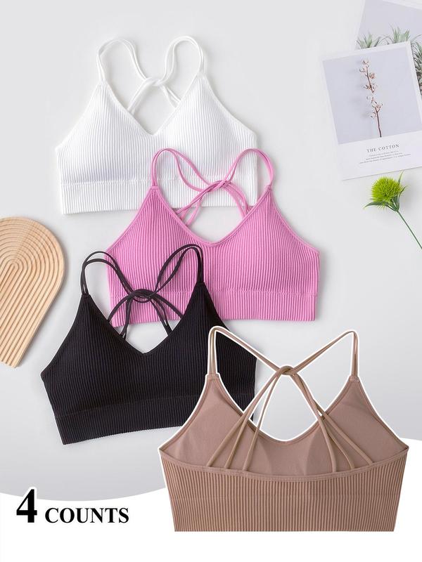 Women's Solid Criss Cross Seamless Sports Bra with Removable Chest Pad, Breathable Comfortable Push Up Bra, Ladies Sportswear for Indoor Outdoor Wear