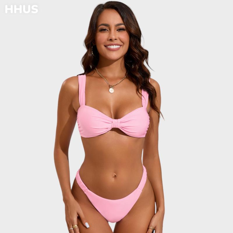 Bow Gathering Swimsuit Set Wide Straps & Low Rise Bra & High Waisted Triangles Wide Straps Ruched Details Super Stretchy Fabric Pink Bikini Set Summer Beachwear 2024 New #TikTokShopBlackFriday #TikTokShopCyberMonday