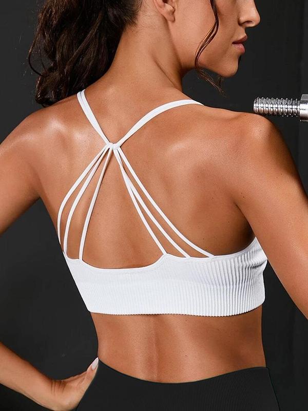 Women's Solid Criss Cross Seamless Sports Bra with Removable Chest Pad, Breathable Comfortable Push Up Bra, Ladies Sportswear for Indoor Outdoor Wear