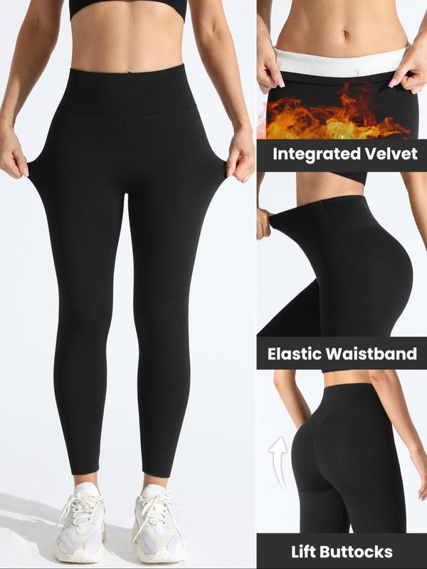 Women's Solid High Waist Thermal Lined Sports Leggings, Casual Comfy Breathable Skinny Pants for Yoga Gym Workout Running, Ladies Sportswear for Fall & Winter