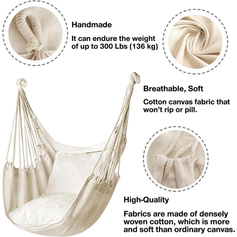 Hammock Chair Hanging Rope Swing, Max 300 Lbs Hanging Chair with Pocket & Durability  for Outdoor, Home, Bedroom, Patio, Yard (Pillows NOT Included,Beige)