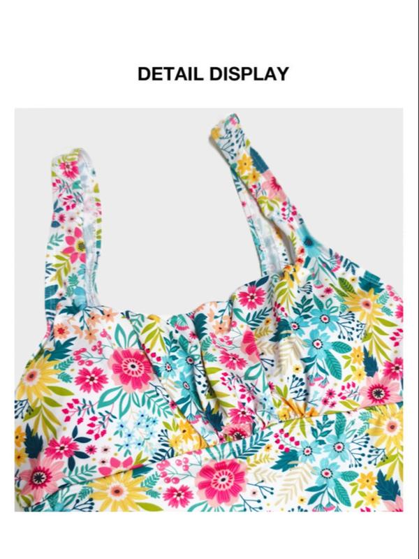 Women's Floral Print Backless One-piece Swimsuit, Casual Square Neck Sleeveless Swimwear for Beach Holiday Vacation, Ladies Swimsuit for All Seasons