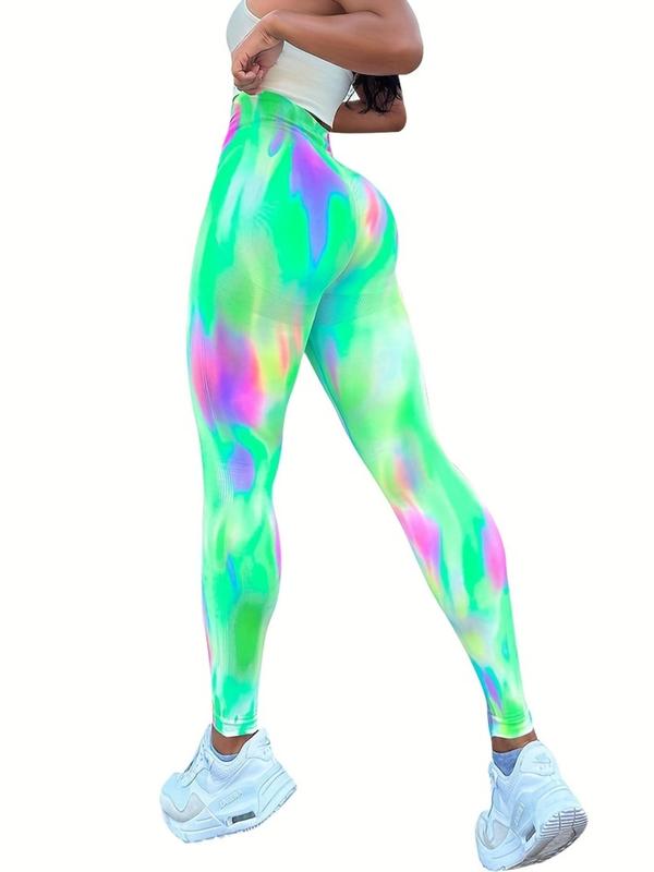 Women's Tie Dye Print High Waist Sports Tummy Control Leggings, Casual Comfy Breathable Seamless Skinny Pants for Yoga Gym Workout Running, Ladies Sportswear for All Seasons