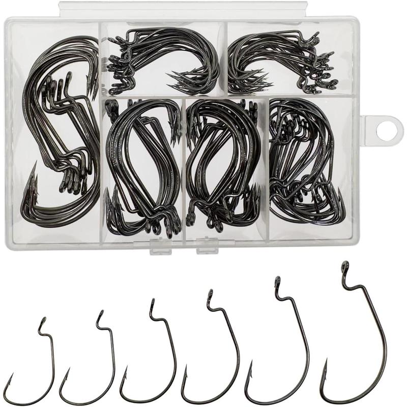 Worm Hooks for Bass Fishing Hooks, 110pcs Bass Hooks Fishing, 6 Sizes Fishing Hooks Freshwater, Eagle Claw Fishing Hooks Bass #1 1 0 2 0 3 0 4 0 5 0 High Carbon Steel with Portable Plastic Box