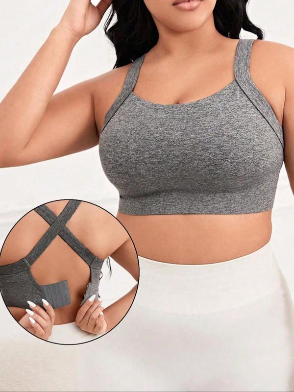 Plus Size Solid Criss Cross Backless Sports Bra With Hook & Eye, Breathable High Stretch Sports Bra, Women's Sport & Outdoor Clothing for Indoor Outdoor Wear