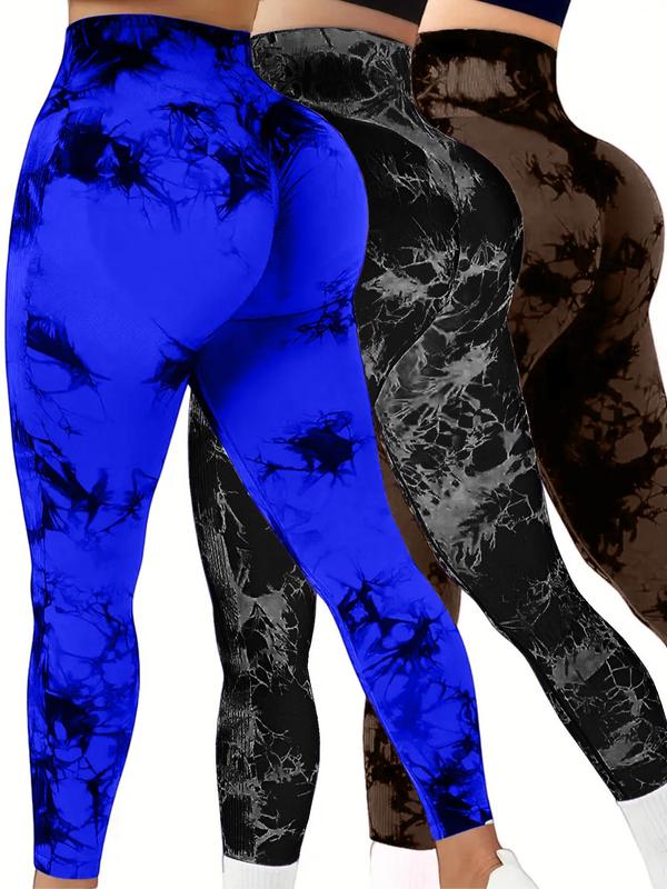 3 Pack Blue, Brown & Black Tie Dye Print High Waisted Workout Women Leggings Scrunch Rear Lifting High Waist Tummy Control Yoga Gym Athletic Pants