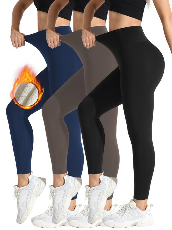 Women's Solid High Waist Thermal Lined Sports Leggings, Casual Comfy Breathable Skinny Pants for Yoga Gym Workout Running, Ladies Sportswear for Fall & Winter