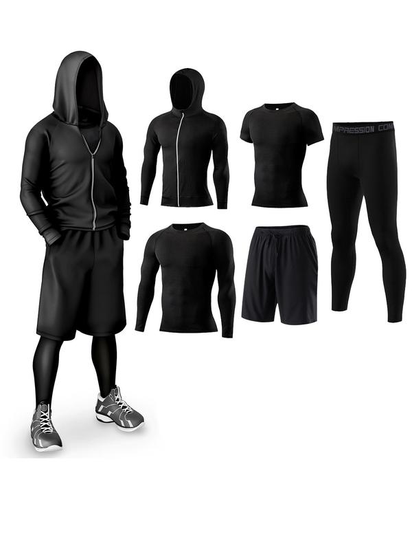 5 Counts Men's Solid Tracksuit Set, Sporty Zipper Hooded Jacket & Top & Short Sleeve Tee & Letter Tape Waist Leggings & Drawstring Shorts, Outfit Sets for Men, Jogging Suit Set, Casual Fall Outfits, Gym Clothes, Tracksuits for Men, Minimalistic Outfit