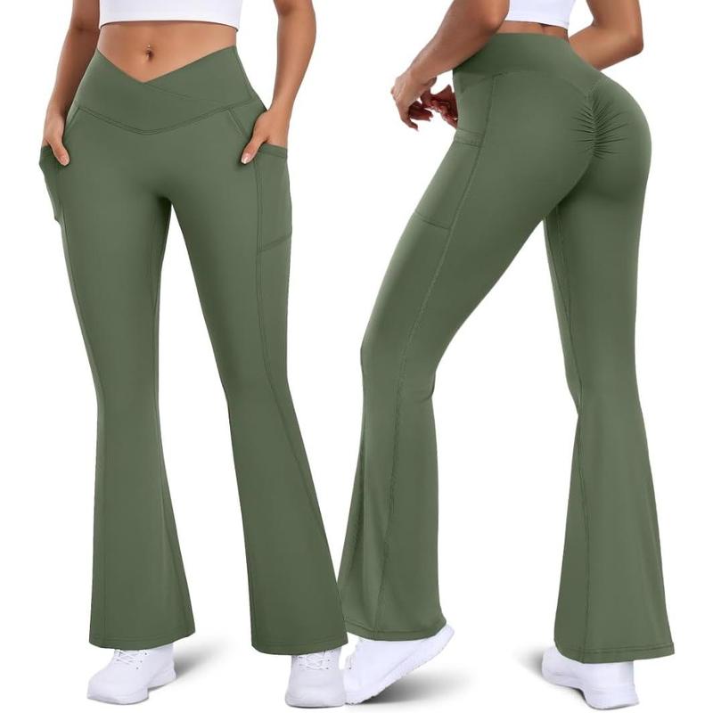 Women Flare Leggings Scrunch Butt with Pockets V Crossover Workout Gym Yoga Pants Lifting Bell Bottom Leggings