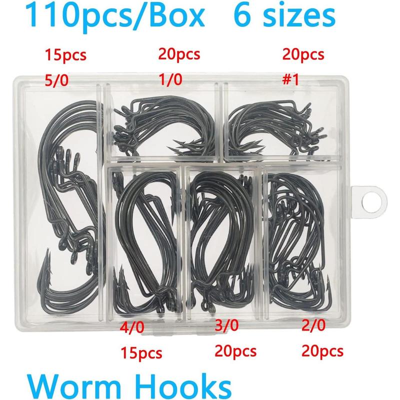 Worm Hooks for Bass Fishing Hooks, 110pcs Bass Hooks Fishing, 6 Sizes Fishing Hooks Freshwater, Eagle Claw Fishing Hooks Bass #1 1 0 2 0 3 0 4 0 5 0 High Carbon Steel with Portable Plastic Box