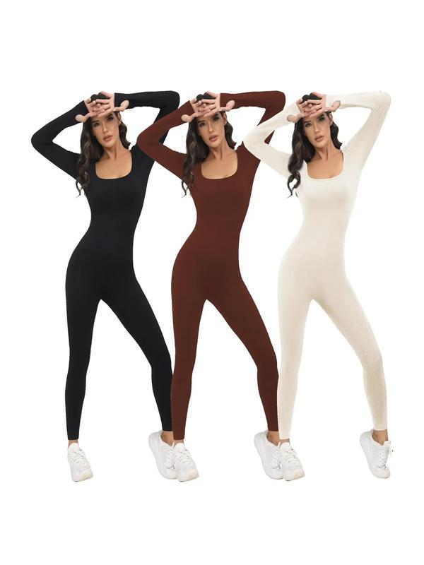 Women's Solid Thumb Holes Long Sleeve Sports Skinny Jumpsuit, Comfy Breathable Scoop Neck Tight Sleeve Sports Jumpsuit For Yoga Gym Workout, Ladies Sportswear Clothing For Spring & Fall & Winter