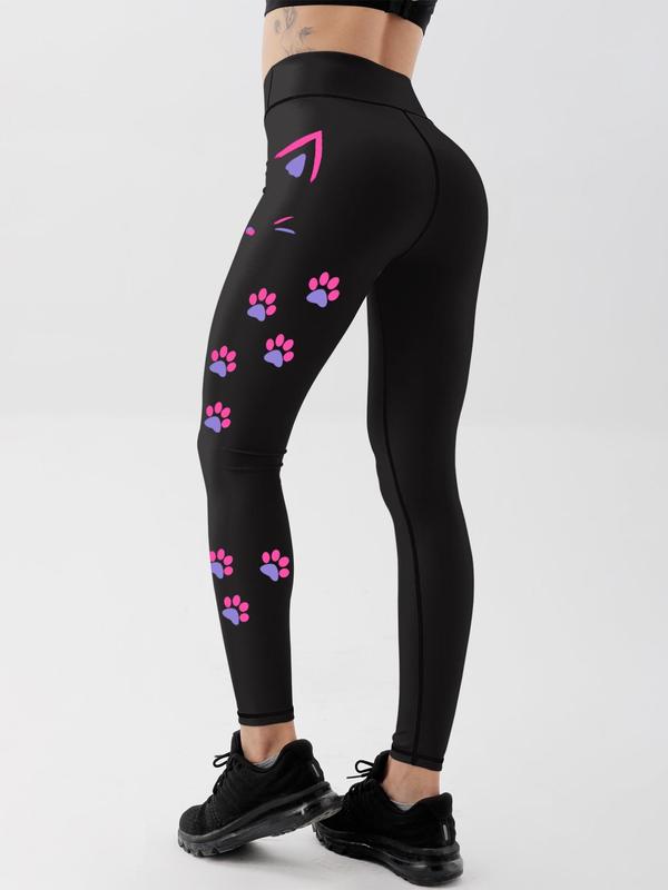 Women's Cartoon Cat & Paw Print High Waist Sports Leggings, Casual Comfy Breathable Sport Skinny Pants for Yoga Gym Workout Running, Ladies Sportswear for All Seasons