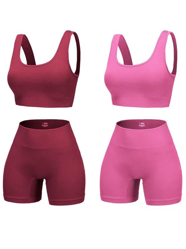 Women's Solid Scoop Neck Crop Sports Top & High Waist Shorts Sports Set, Breathable Comfortable Two-piece Outfits for Yoga Gym Workout Running, Ladies Sportswear for All Seasons